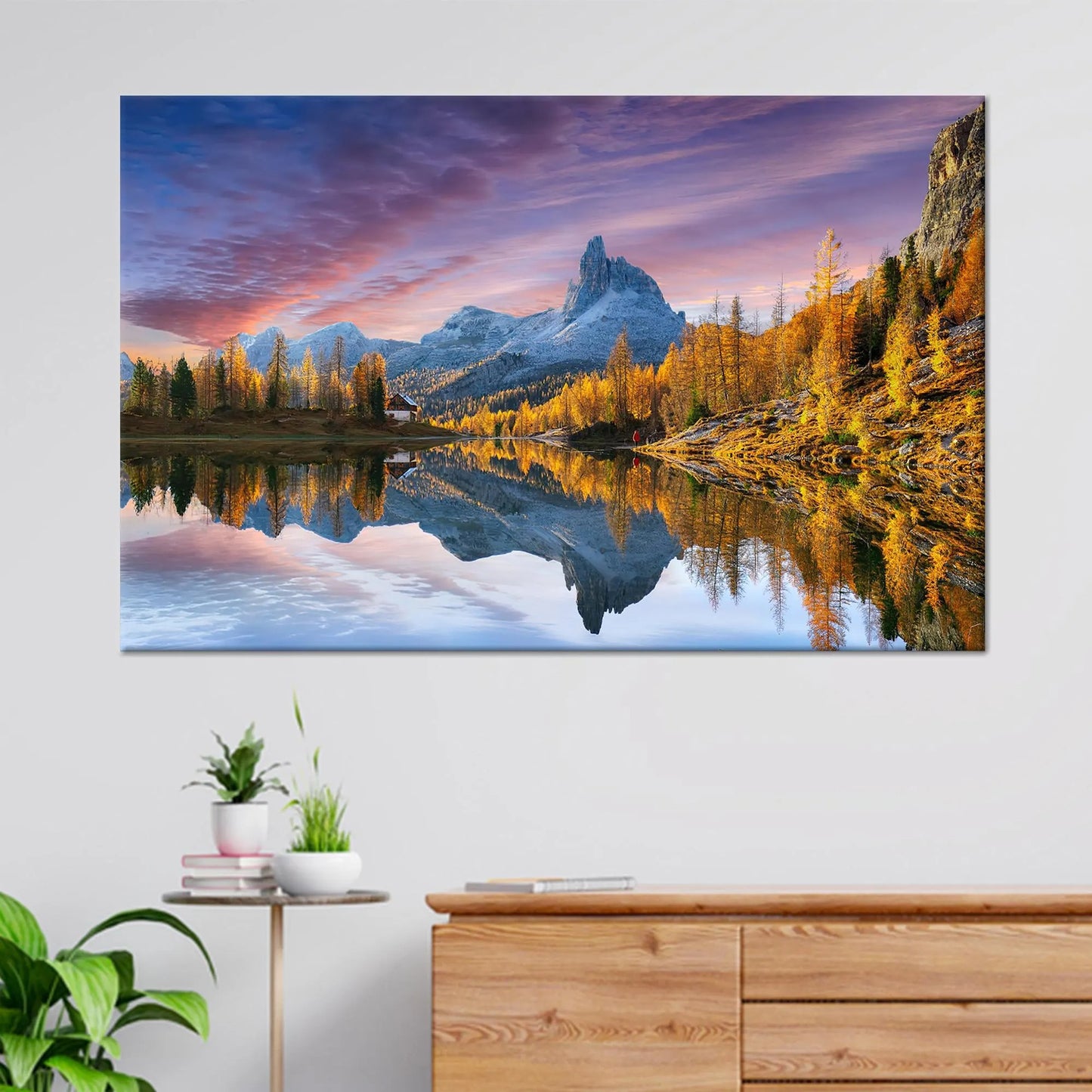 Lake Federa Dolomites Autumn Canvas Wall Art, Italy Mountain Landscape