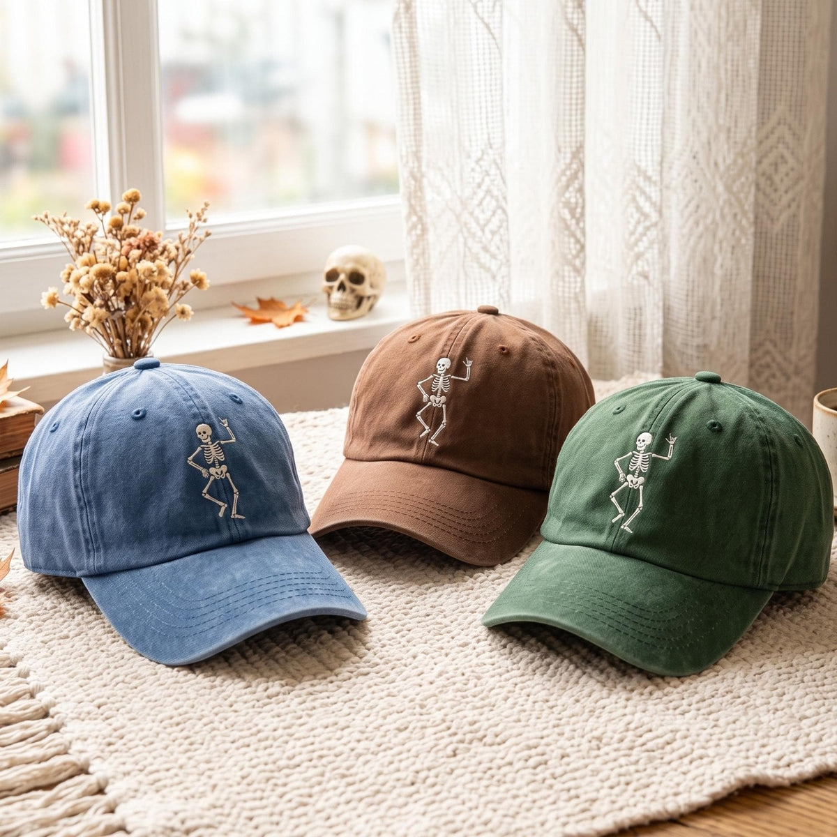 Embroidered Skeleton Dad Hat, Cotton Baseball Cap